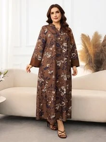 Lacomfia Gaun Kasual Minimalis Motif Penuh Kerah Tegak Potongan Lengan Panjang Longgar Regular Fit Ukuran Plus untuk Musim Semi dan Gugur - MultiWarna - View 7