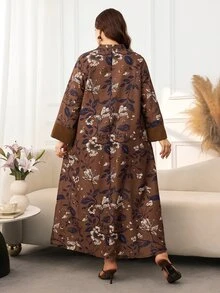 Lacomfia Gaun Kasual Minimalis Motif Penuh Kerah Tegak Potongan Lengan Panjang Longgar Regular Fit Ukuran Plus untuk Musim Semi dan Gugur - MultiWarna - View 2