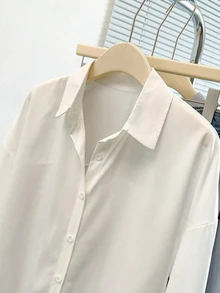INAWLY Kemeja Putih Lengan Panjang Model Flare dengan Kerah Klasik, Blus Tenun Lembut Model Slim Fit dengan Kancing Depan - Putih - View 6