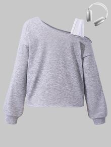 SHEIN 女童蝴蝶印花不對稱露肩不對稱下擺休閒街頭風運動衫 秋季校園灰色 - 灰色 - 查看 2