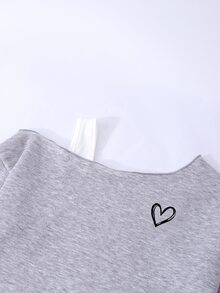 SHEIN 女童蝴蝶印花不對稱露肩不對稱下擺休閒街頭風運動衫 秋季校園灰色 - 灰色 - 查看 3