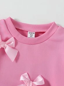 SHEIN 2pcs/Set Young Girl' Minimalist Fashion Pink Bow Black Top And Pink Pants Sweatsuit Set School Autumn - Pink - View 6