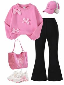 SHEIN 2pcs/Set Young Girl' Minimalist Fashion Pink Bow Black Top And Pink Pants Sweatsuit Set School Autumn - Pink - View 3