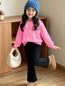 SHEIN 2pcs/Set Young Girl' Minimalist Fashion Pink Bow Black Top And Pink Pants Sweatsuit Set School Autumn - Pink - View 1