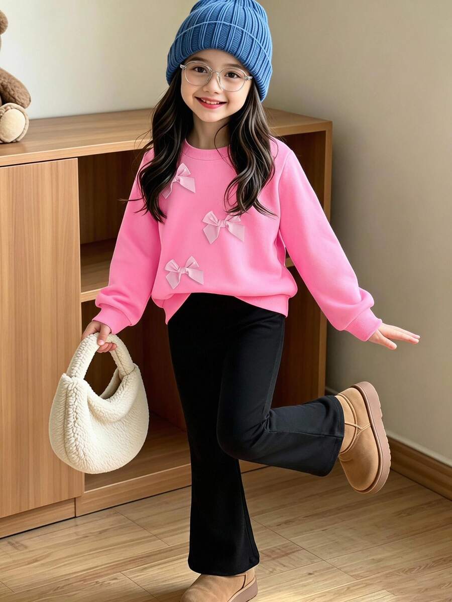 SHEIN 2pcs/Set Young Girl' Minimalist Fashion Pink Bow Black Top And Pink Pants Sweatsuit Set School Autumn - Pink - View 1