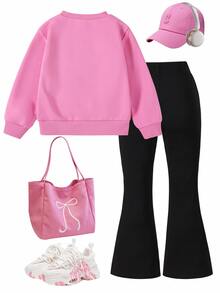 SHEIN 2pcs/Set Young Girl' Minimalist Fashion Pink Bow Black Top And Pink Pants Sweatsuit Set School Autumn - Pink - View 2