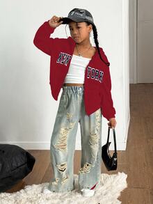 Tween Girls' Red And White Letter Print Hooded Zip-Up Jacket, Warm Knit Oversized Athletic Streetwear For Autumn Back-To-School, Sweatshirt, Winter - Red - View 3