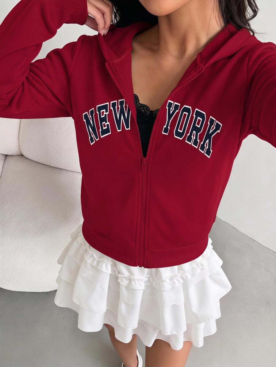 Tween Girls' Red And White Letter Print Hooded Zip-Up Jacket, Warm Knit Oversized Athletic Streetwear For Autumn Back-To-School, Sweatshirt, Winter - Red - View 1