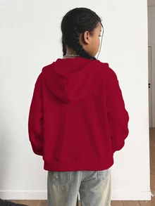 Tween Girls' Red And White Letter Print Hooded Zip-Up Jacket, Warm Knit Oversized Athletic Streetwear For Autumn Back-To-School, Sweatshirt, Winter - Red - View 2