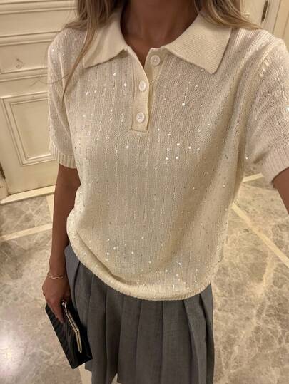 Livesso Blusa de punto con botones y media abertura con lentejuelas para mujer