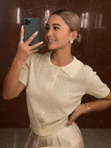Livesso Women's Fashion Sequin Button Half-Placket Knit Top - White - View 1