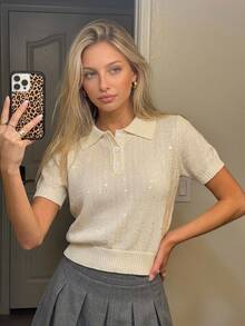 Livesso Women's Fashion Sequin Button Half-Placket Knit Top - White - View 4