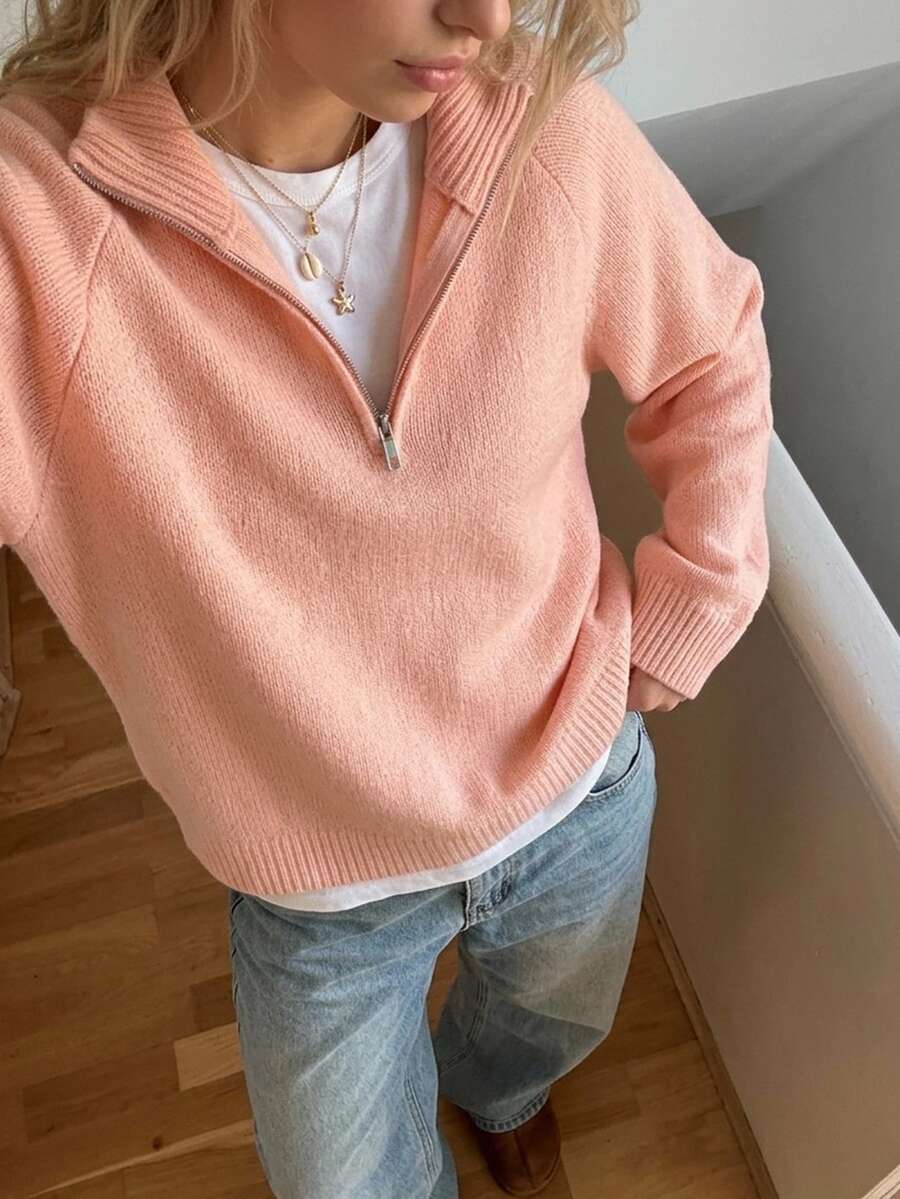 Livesso Women's Solid Color Raglan Long Sleeve Loose Casual Sweater Autumn Everyday School Peach Pink - Pink - View 1