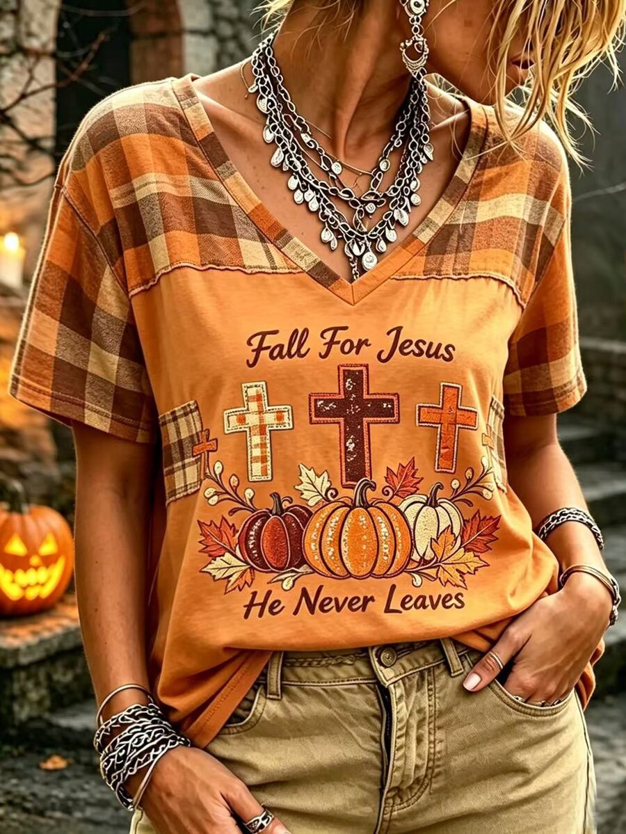 Selamara Women's Halloween Print V-Neck T-Shirt - Multicolor - View 1