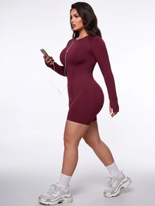 SHEIN Sweetro Plus Size Women Solid Color Back Twist Cutout Design Sports Jumpsuit Fall - Burgundy - View 7