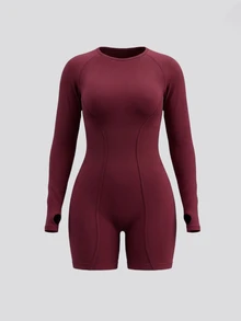 SHEIN Sweetro Plus Size Women Solid Color Back Twist Cutout Design Sports Jumpsuit Fall - Burgundy - View 1