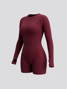 SHEIN Sweetro Plus Size Women Solid Color Back Twist Cutout Design Sports Jumpsuit Fall - Burgundy - View 3