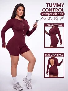 SHEIN Sweetro Plus Size Women Solid Color Back Twist Cutout Design Sports Jumpsuit Fall - Burgundy - View 6