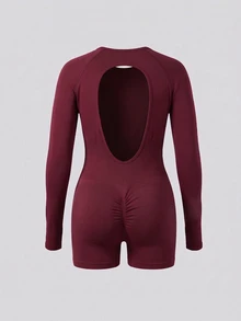 SHEIN Sweetro Plus Size Women Solid Color Back Twist Cutout Design Sports Jumpsuit Fall - Burgundy - View 2