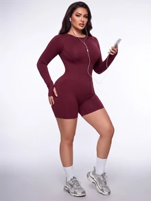 SHEIN Sweetro Plus Size Women Solid Color Back Twist Cutout Design Sports Jumpsuit Fall - Burgundy - View 8