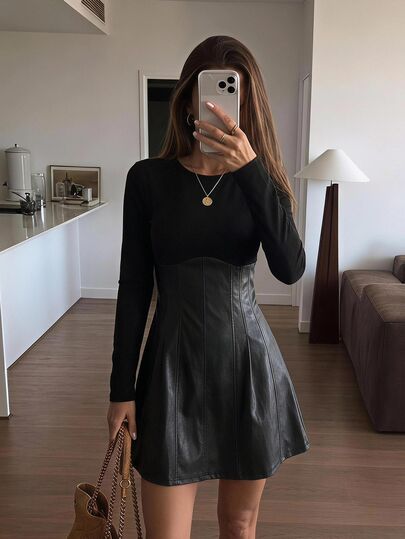 Easowa Abito corto da donna con vita stretta, linea ad A, maniche lunghe, in maglia e patchwork in PU, stile casual rilassato ed elegante, stile Old Money, adatto per il pendolarismo, autunno/inverno