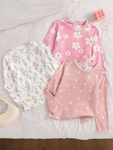 SHEIN 3件裝少女花卉與愛心印花圓領長袖休閒T恤 - 彩色 - 查看 4