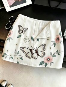 SHEIN Franclia 女款春夏新款短款拉鍊休閒浪漫優雅裙，白色碎花，適合約會生日 - 白色 - 查看 1