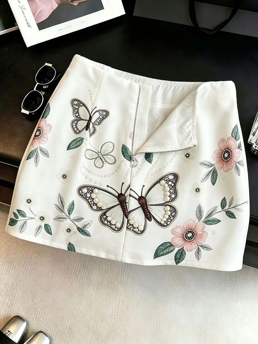 SHEIN Franclia 女款春夏新款短款拉鍊休閒浪漫優雅裙,白色碎花,適合約會生日 - 白色 - 查看 1