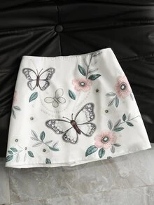 SHEIN Franclia 女款春夏新款短款拉鍊休閒浪漫優雅裙，白色碎花，適合約會生日 - 白色 - 查看 2