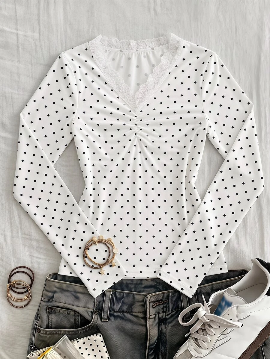 SHEIN Teen Girls Grey Black Polka Dot Collar Button Decor Lace Trim Design Long Sleeve Casual Versatile Design T-Shirt, Suitable For Spring And Autumn, Suitable For Daily Outings, Commuting, Travel, Gatherings - White - View 1
