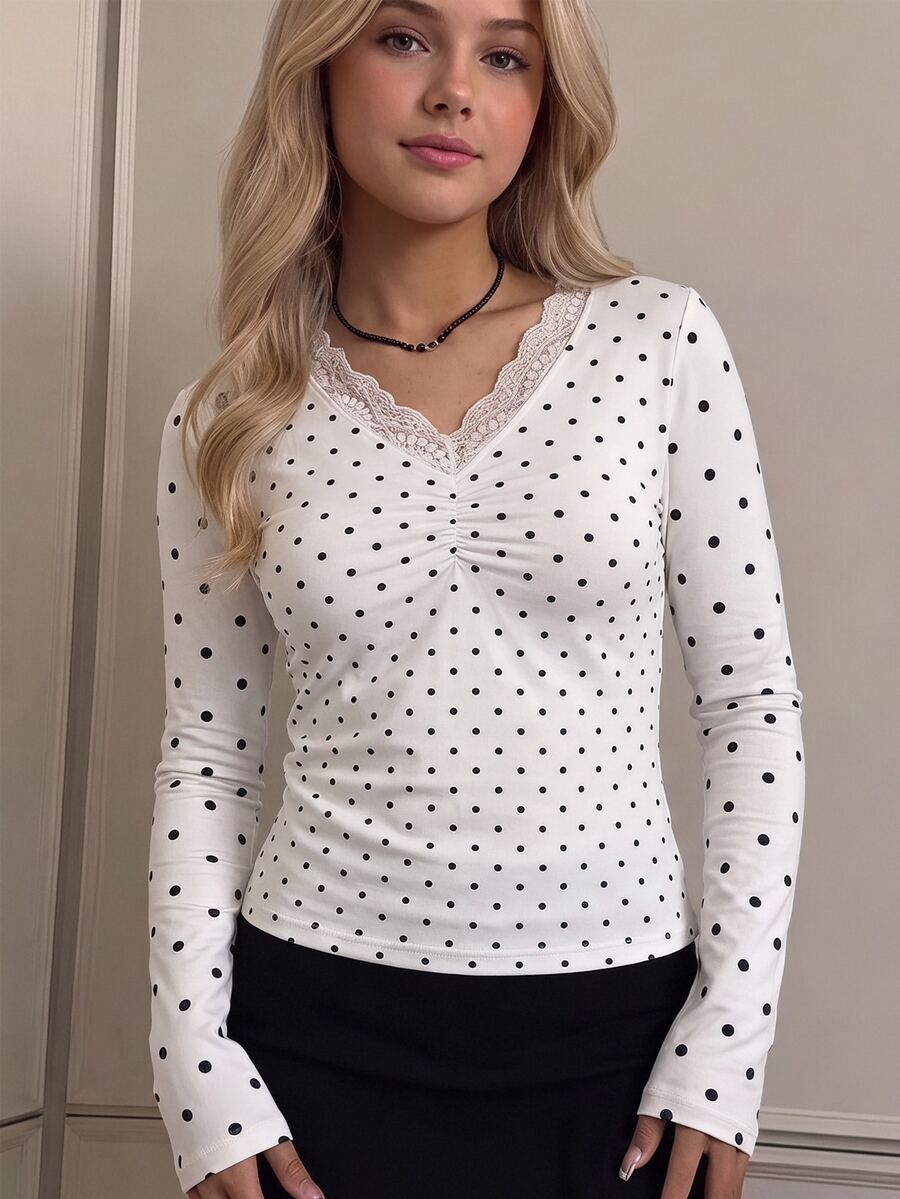 SHEIN Kaos Remaja Perempuan Warna Abu-abu Hitam Motif Polkadot dengan Kerah, Kancing, dan Hiasan Renda, Lengan Panjang, Desain Kasual Serbaguna, Cocok untuk Musim Semi dan Gugur, Cocok untuk Aktivitas Sehari-hari, Bepergian, Perjalanan, dan Acara Kumpul-kumpul. - Putih - View 1