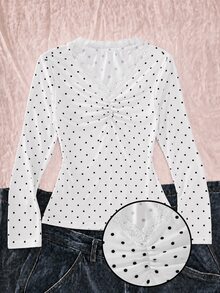 SHEIN Kaos Remaja Perempuan Warna Abu-abu Hitam Motif Polkadot dengan Kerah, Kancing, dan Hiasan Renda, Lengan Panjang, Desain Kasual Serbaguna, Cocok untuk Musim Semi dan Gugur, Cocok untuk Aktivitas Sehari-hari, Bepergian, Perjalanan, dan Acara Kumpul-kumpul. - Putih - View 6