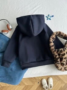 SHEIN Elladie kids Young Girl Casual Navy Blue Faux Fur Hat Colorblock Star Print Pattern Hoodie Autumn School - Navy Blue - View 3