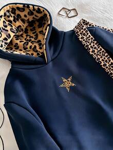 SHEIN Elladie kids Young Girl Casual Navy Blue Faux Fur Hat Colorblock Star Print Pattern Hoodie Autumn School - Navy Blue - View 4
