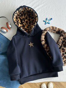 SHEIN Elladie kids Young Girl Casual Navy Blue Faux Fur Hat Colorblock Star Print Pattern Hoodie Autumn School - Navy Blue - View 2