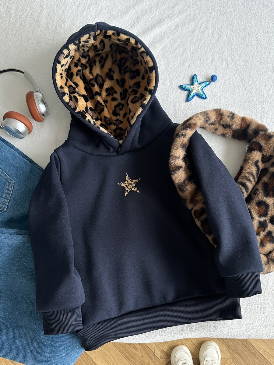 SHEIN Elladie kids Young Girl Casual Navy Blue Faux Fur Hat Colorblock Star Print Pattern Hoodie Autumn School