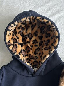 SHEIN Elladie kids Young Girl Casual Navy Blue Faux Fur Hat Colorblock Star Print Pattern Hoodie Autumn School - Navy Blue - View 6