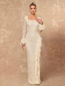 Lumalex Fall Winter Floral Fabric Square Neck Long Sleeve Multi-Layer Ruffle Hem Women's Long Dress Daily-To-Gala Versatility Quiet Luxury Meets Party Flair - Apricot - View 8