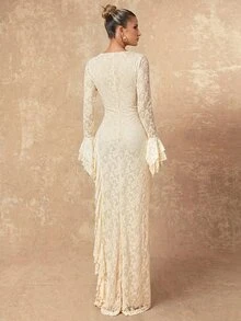 Lumalex Fall Winter Floral Fabric Square Neck Long Sleeve Multi-Layer Ruffle Hem Women's Long Dress Daily-To-Gala Versatility Quiet Luxury Meets Party Flair - Apricot - View 10