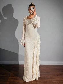 Lumalex Fall Winter Floral Fabric Square Neck Long Sleeve Multi-Layer Ruffle Hem Women's Long Dress Daily-To-Gala Versatility Quiet Luxury Meets Party Flair - Apricot - View 9