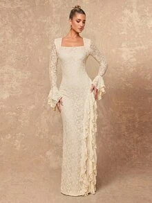 Lumalex Fall Winter Floral Fabric Square Neck Long Sleeve Multi-Layer Ruffle Hem Women's Long Dress Daily-To-Gala Versatility Quiet Luxury Meets Party Flair - Apricot - View 6