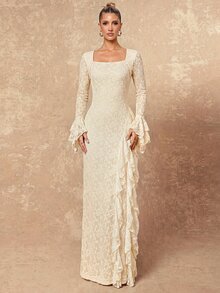 Lumalex Fall Winter Floral Fabric Square Neck Long Sleeve Multi-Layer Ruffle Hem Women's Long Dress Daily-To-Gala Versatility Quiet Luxury Meets Party Flair - Apricot - View 7