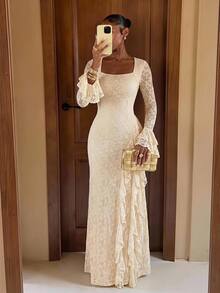 Lumalex Fall Winter Floral Fabric Square Neck Long Sleeve Multi-Layer Ruffle Hem Women's Long Dress Daily-To-Gala Versatility Quiet Luxury Meets Party Flair - Apricot - View 4