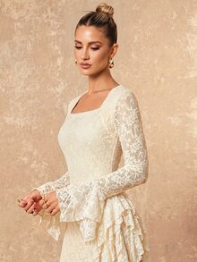 Lumalex Fall Winter Floral Fabric Square Neck Long Sleeve Multi-Layer Ruffle Hem Women's Long Dress Daily-To-Gala Versatility Quiet Luxury Meets Party Flair - Apricot - View 5