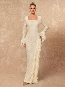 Lumalex Fall Winter Floral Fabric Square Neck Long Sleeve Multi-Layer Ruffle Hem Women's Long Dress Daily-To-Gala Versatility Quiet Luxury Meets Party Flair - Apricot - View 11