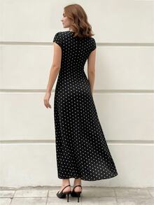 Modelyn Elegant Floral Lace Patchwork Polka Dot Print V-Neck Fall Long Dress - Black and White - View 3