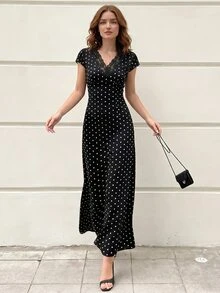 Modelyn Elegant Floral Lace Patchwork Polka Dot Print V-Neck Fall Long Dress - Black and White - View 2