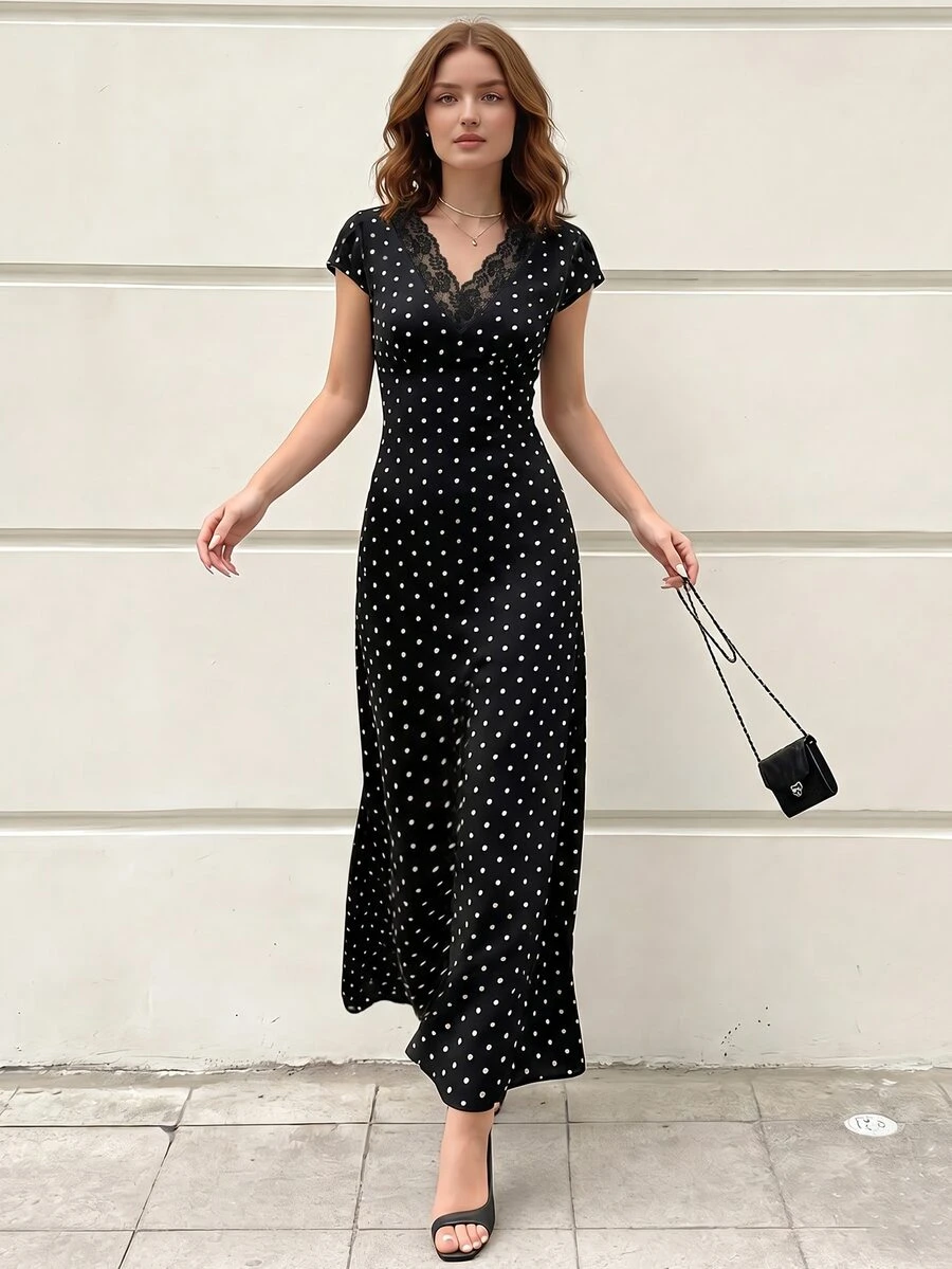 Modelyn Elegant Floral Lace Patchwork Polka Dot Print V-Neck Fall Long Dress