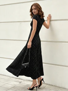 Modelyn Elegant Floral Lace Patchwork Polka Dot Print V-Neck Fall Long Dress - Black and White - View 6