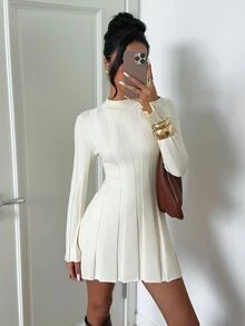 Aloruh 女款秋冬休閒法式極簡優雅純色迷你針織洋裝，適合辦公室、日常與早午餐，白色 - 杏色 - 查看 7